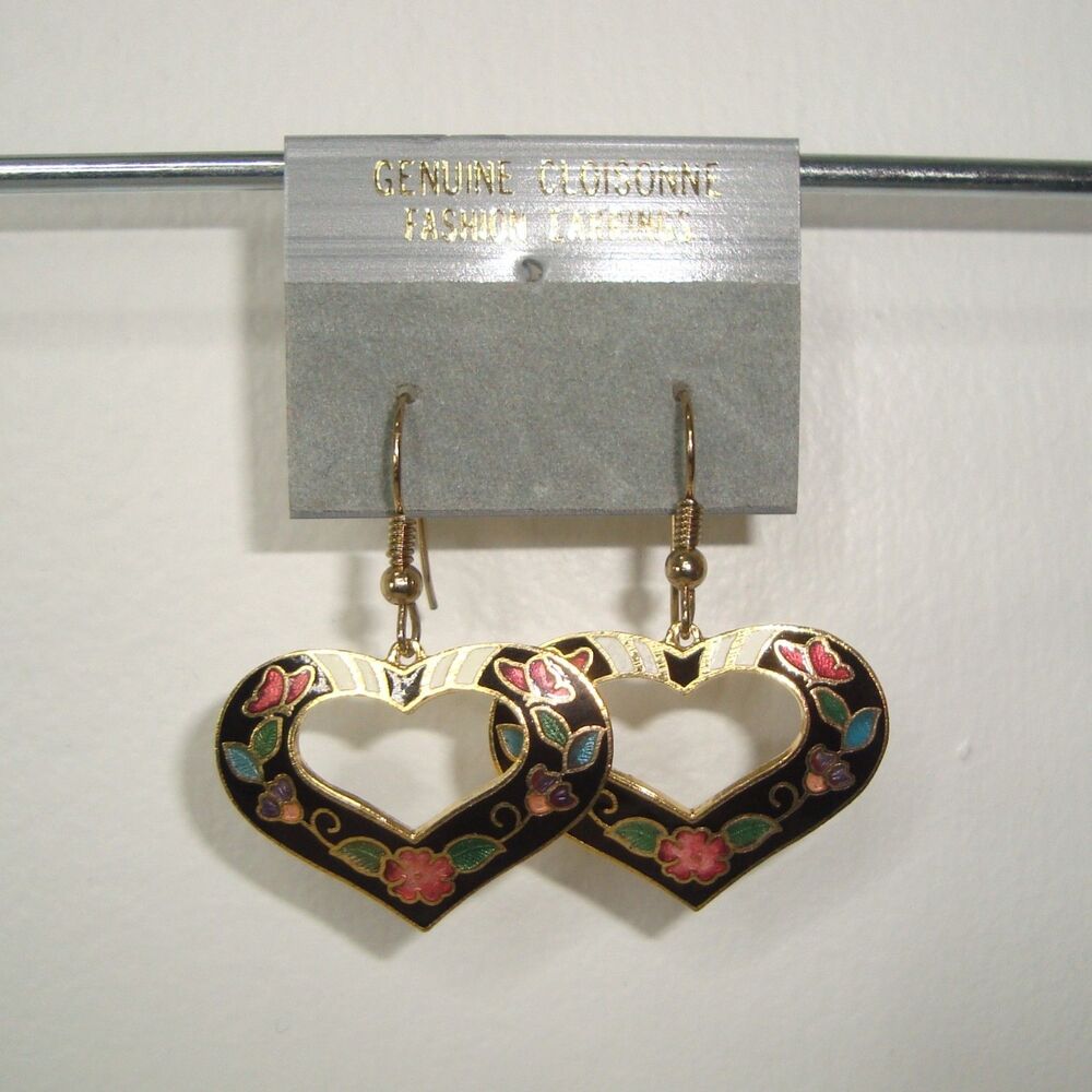 Vintage Genuine Cloisonne Heart Earrings *ESTATE*